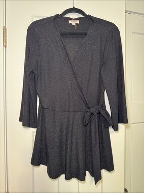Andree Black Shimmer Wrap Dress with Tie Waist